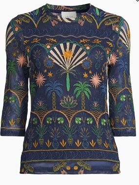 Johnny Was Kaia Mesh T-shirt Sz XS Style L12824E Floral and Palm Tree Embroidery